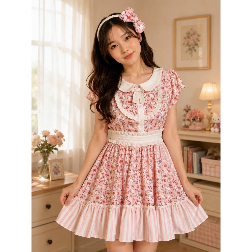 Hello Kitty Sanrio Torrid Dress Women 14 Pink Kawaii Peter Pan Collar Headband